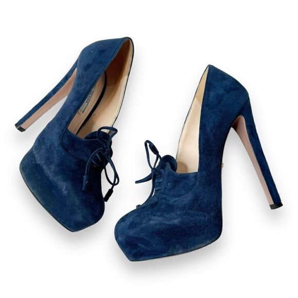 PRADA Calzature Donna Blue Suede Lace Up Suede Platform Heels Pumps Women’s 38 - Picture 4 of 12